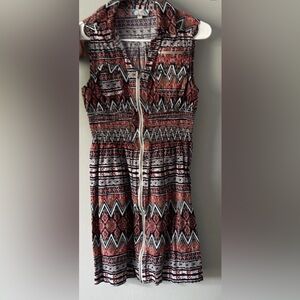 J Gee Full Zip Tribal Print Smocked Waist Sleeveless Dress